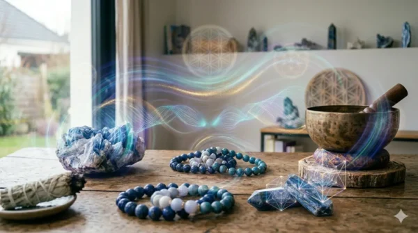 Une large composition photographique sur une table en bois rustique, baignée de lumière naturelle, rassemblant tous les éléments de l'article : amas de Kyanite bleue brute, bracelets en pierres naturelles, bol chantant tibétain et Flower of Life sculptée. Des ondes énergétiques multicolores et complexes connectent tous les objets, illustrant l'interconnexion vibratoire universelle.