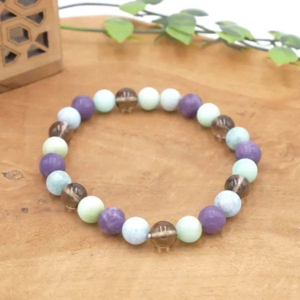 Photo Bracelet Larimar, Lépidolite, Chrysoprase, Quartz fumé en pierre naturelle, bijou fait main