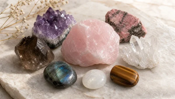 Quartz rose entoure d'améthyste, rhodonite, cristal de roche, labradorite et pierre de lune
