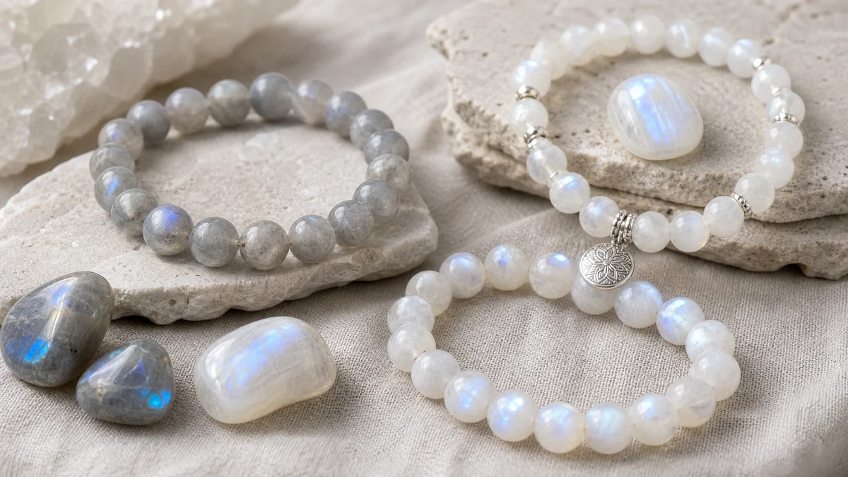 Bracelets en Pierre de lune blanche, grise et multicolore aux reflets nacrés