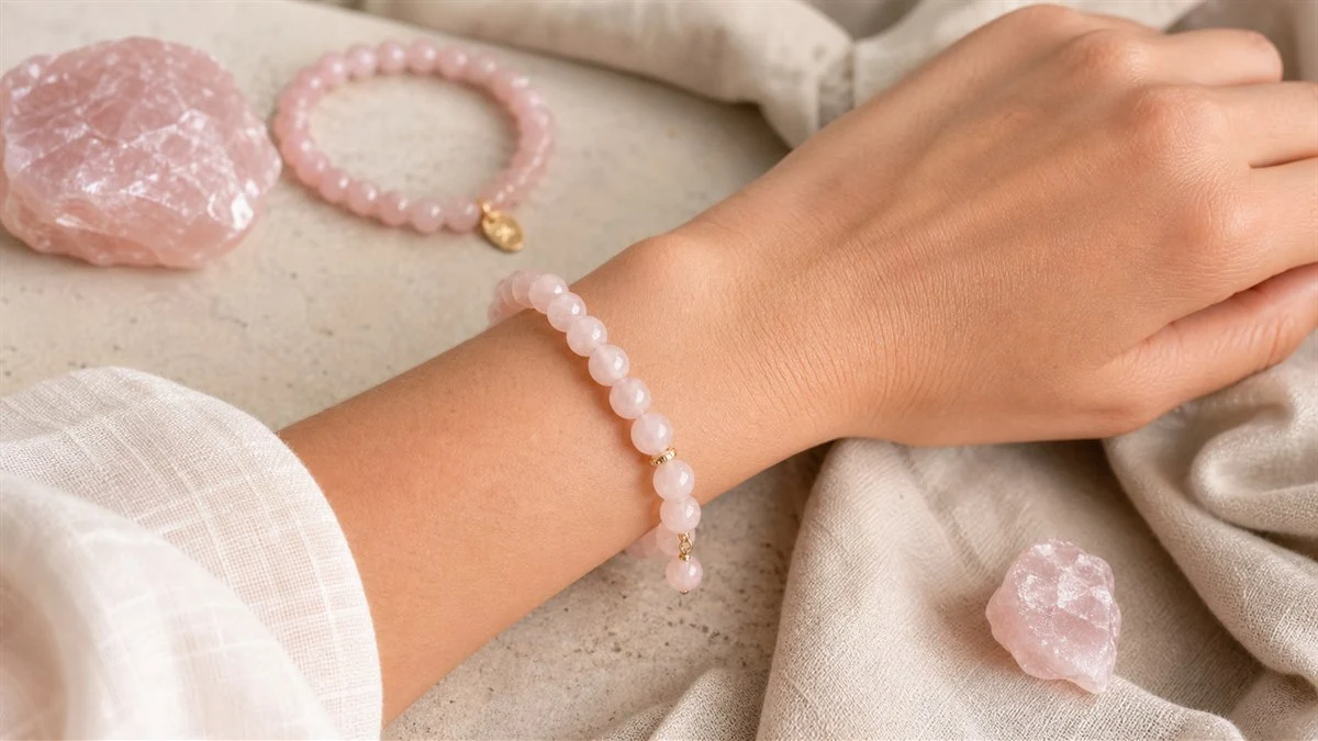 Bracelet en Quartz rose naturel port&eacute; au poignet