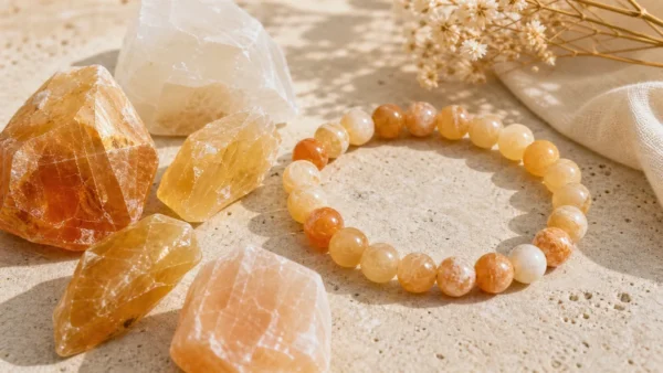Calcite naturelle avec bracelet en pierres pour un article de lithotherapie