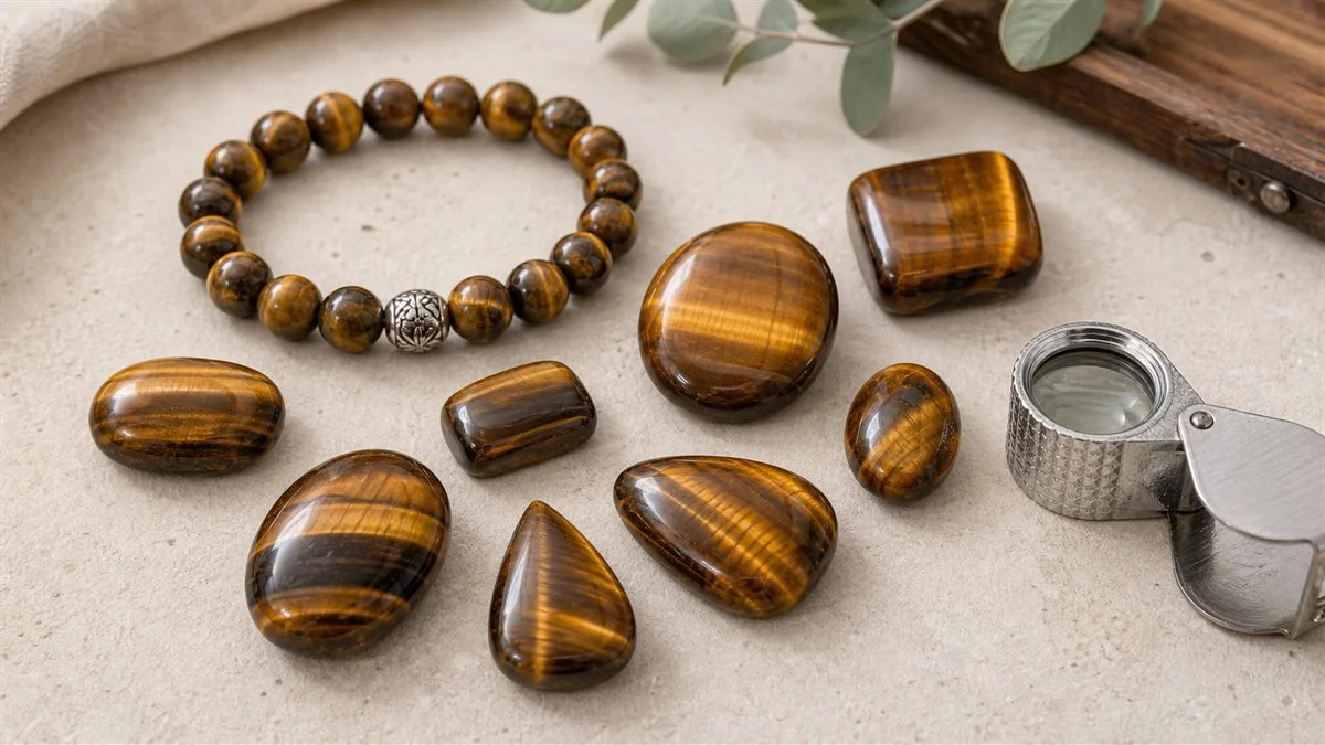 Pierres et bracelet en œil de tigre avec loupe de bijoutier pour vérifier les reflets