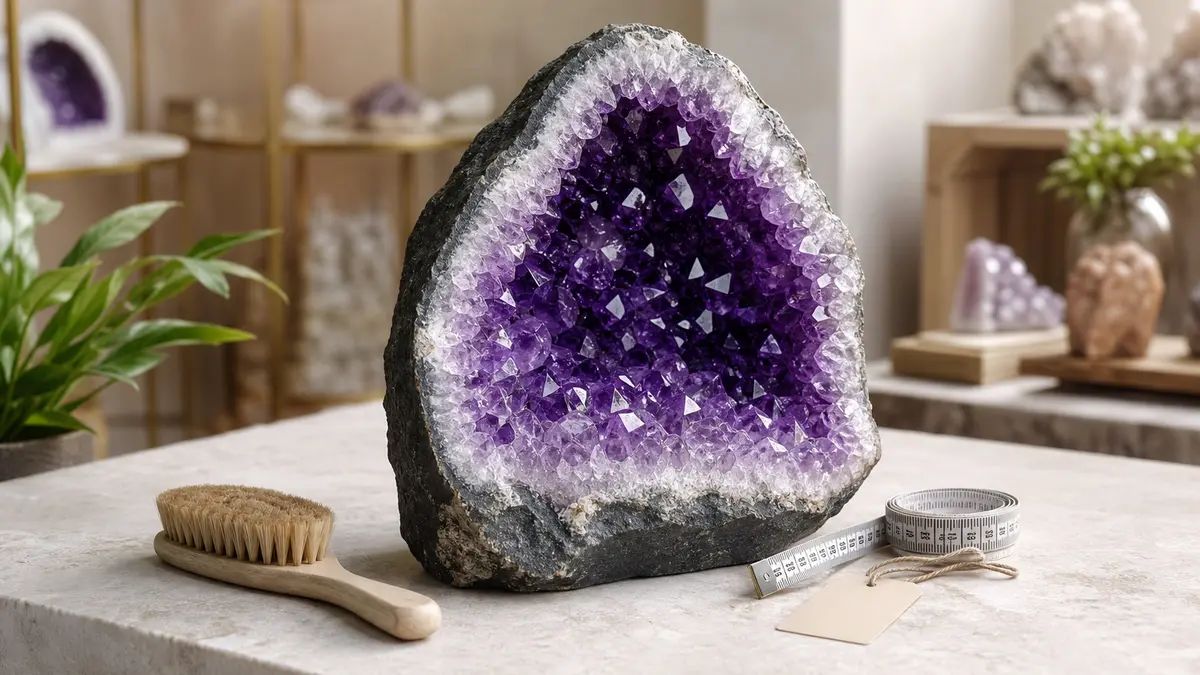 Geode d Amethyste naturelle avec cristaux violets et accessoires d entretien