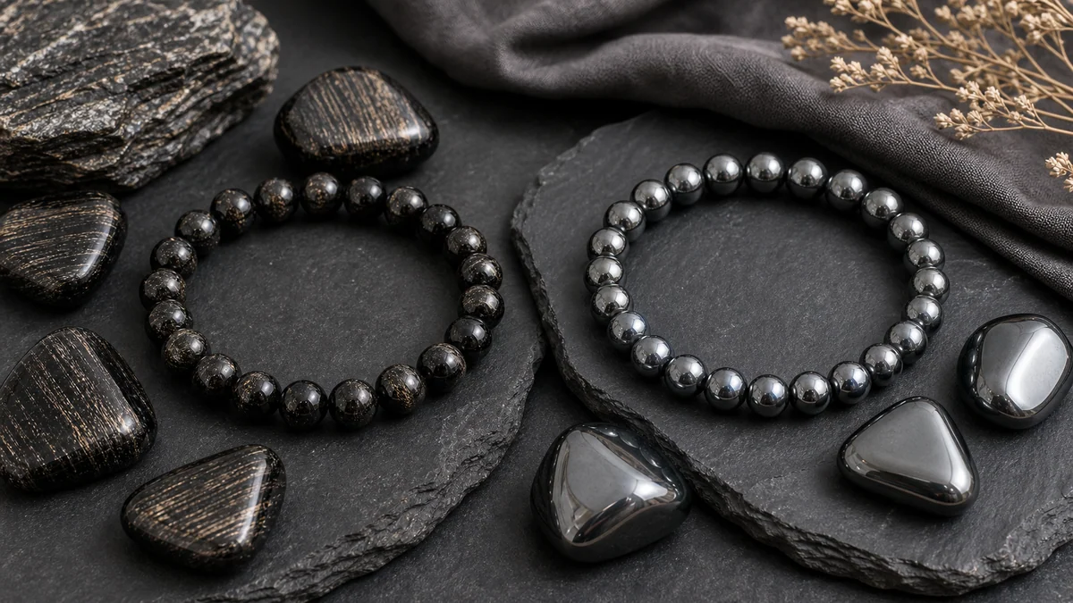 Hypersth&egrave;ne et H&eacute;matite avec bracelets et pierres naturelles sombres
