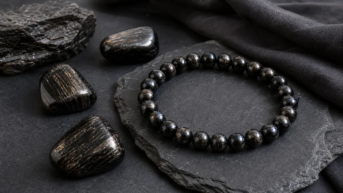 Hypersth&egrave;ne polie aux reflets bronze et bracelet en pierres naturelles