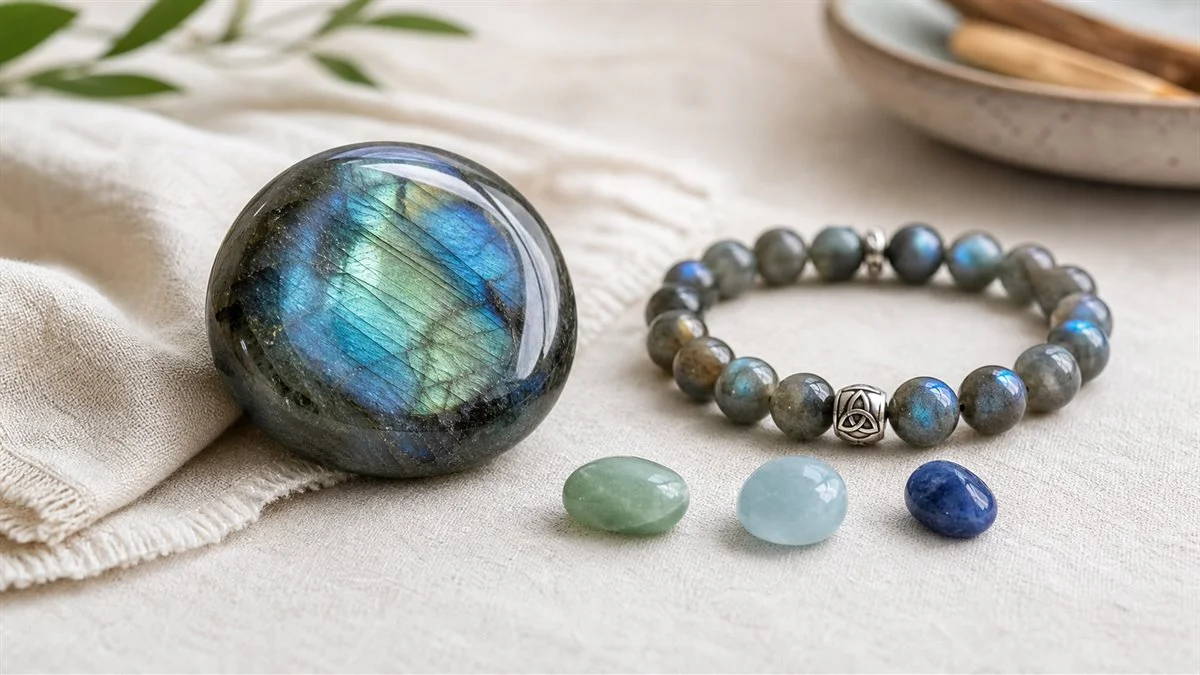 Labradorite avec bracelet et pierres associées au cœur, à la gorge et au troisième œil