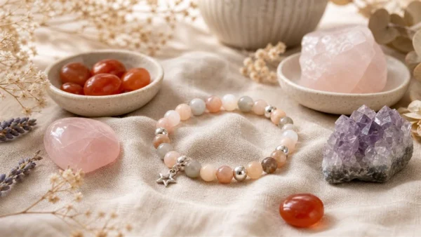 Bracelet en pierre de lune multicolore naturelle pour illustrer la lithothérapie féminine