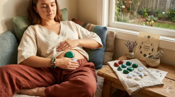 Une jeune femme assise confortablement contre des coussins applique un gros galet de malachite verte sur son bas-ventre pour soulager les douleurs menstruelles. Elle porte un bracelet en pierres naturelles au poignet. Sur une table en bois à côté d'elle, un linge en lin présente plusieurs cristaux de lithothérapie (pierre de lune, jaspe rouge) près d'un bouquet de lavande, d'un bâton de sauge blanche et d'une illustration représentant le cycle d'harmonie féminine.