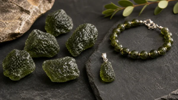 Moldavite naturelle avec bracelet en pierres pour un article de lithotherapie