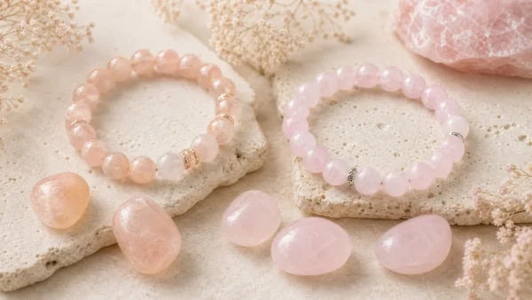 Bracelets morganite et quartz rose sur pierre claire