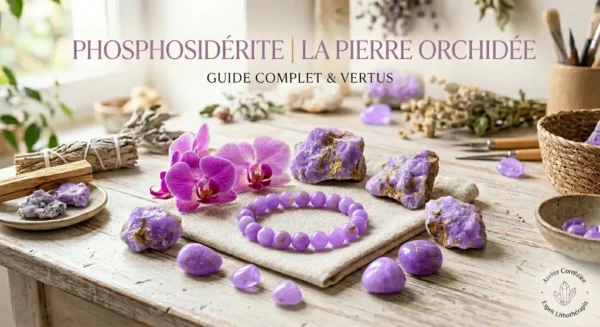 Photographie en lumière naturelle d'un flat-lay sur une table en bois. Au centre, un bracelet en perles de phosphosidérite violettes posé sur un tissu en lin, entouré de morceaux de phosphosidérite brute et polie, d'orchidées fraîches, de fagots de sauge et de bâtons de Palo Santo. Le texte en haut annonce 'PHOSPHOSIDÉRITE | LA PIERRE ORCHIDÉE' et 'GUIDE COMPLET & VERTUS'. Le logo 'Esprit Lithothérapie' est présent en bas à droite.