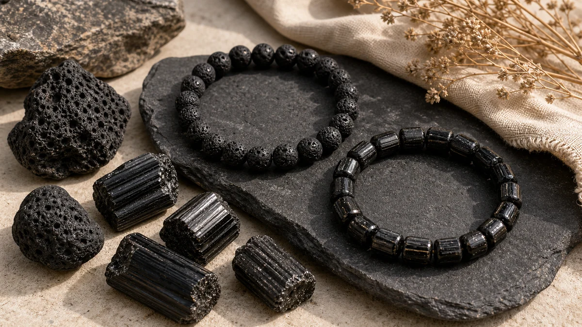 Pierre de lave et Tourmaline noire avec bracelets et pierres naturelles noires