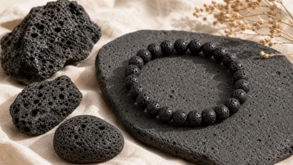 Pierre de lave naturelle poreuse avec bracelet en perles volcaniques noires