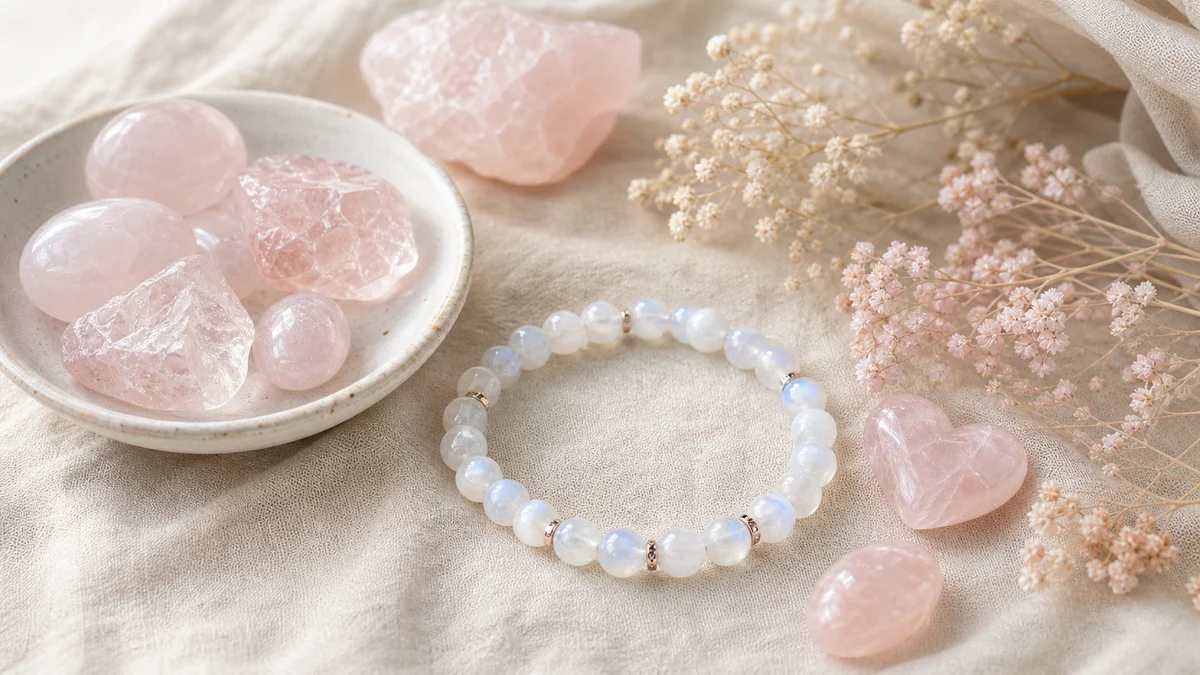 Pierre de lune, Quartz rose et Morganite sur un linge clair