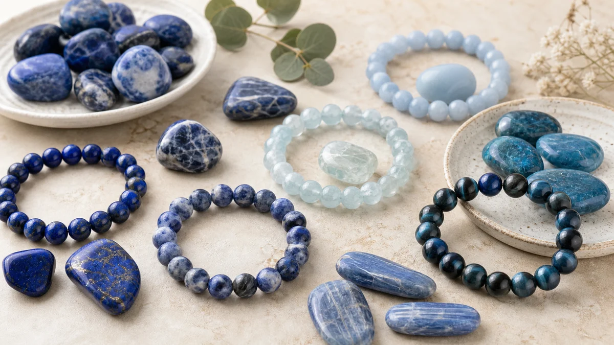 Bracelets et pierres bleues de lithothérapie pour la communication
