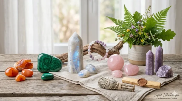 Une composition élégante de pierres et cristaux de lithothérapie sur une table en bois rustique devant une fenêtre lumineuse. On y voit des cornalines, une malachite, une grande pointe de pierre de lune, du quartz rose et de l'améthyste. Un bracelet de perles est sur du bois flotté, à côté d'un paquet de sauge séchée et d'un bâton de Palo Santo sur un linge. En bas à droite, le logo "Esprit Lithothérapie - Confectionné en Corrèze" est visible.