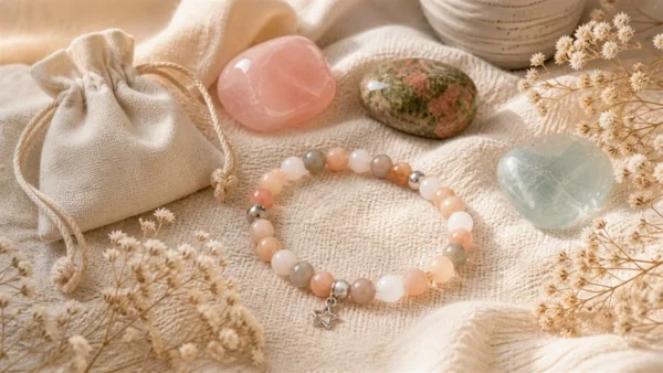 Bracelet en pierre de lune multicolore naturelle porté au poignet pour accompagner symboliquement la maternité et les transitions féminines