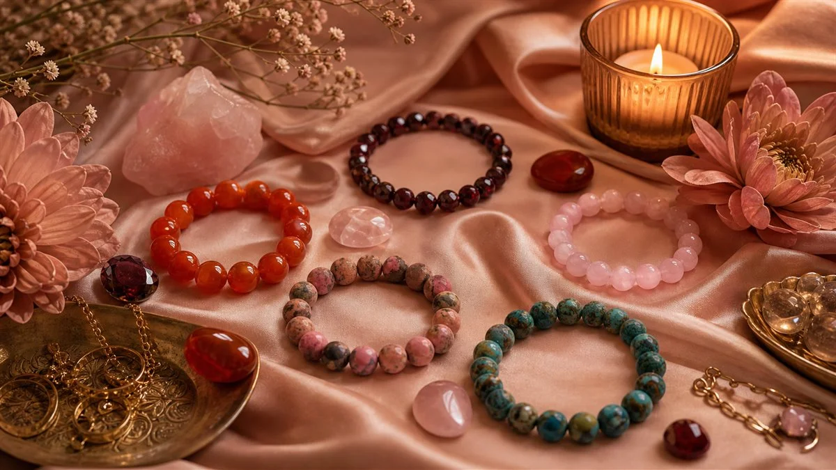 Cornaline, Grenat, Quartz rose, Rhodonite et Chrysocolle pour la sensualite et la confiance