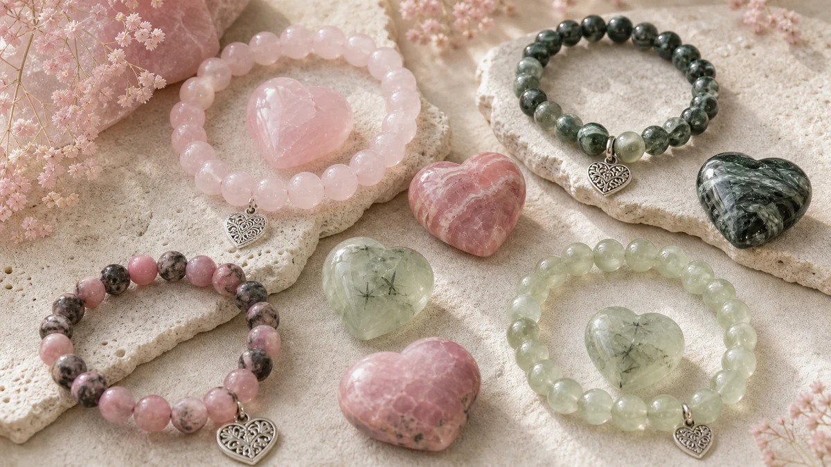 Pierres roses et vertes en bracelets pour la symbolique du coeur