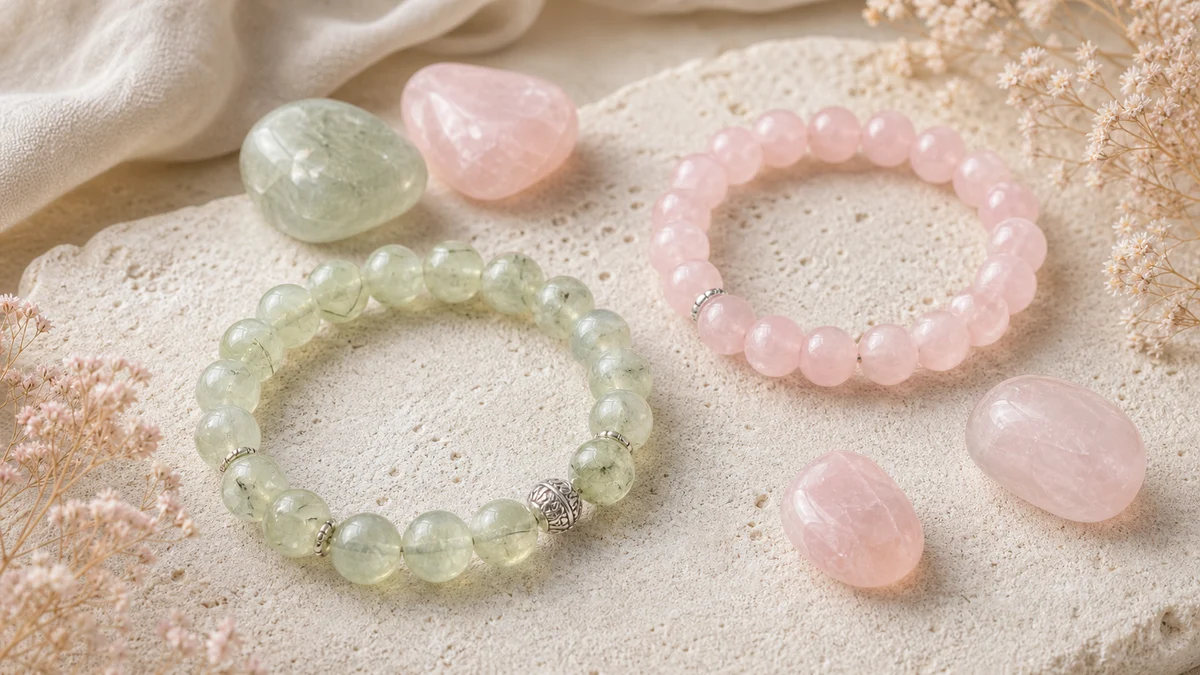 Bracelets en Pr&eacute;hnite et Quartz rose avec pierres polies vertes et roses
