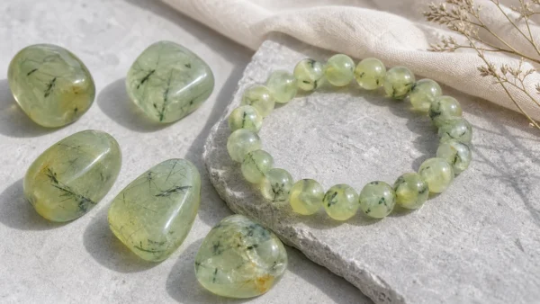 Préhnite naturelle vert tendre avec bracelet et pierres polies