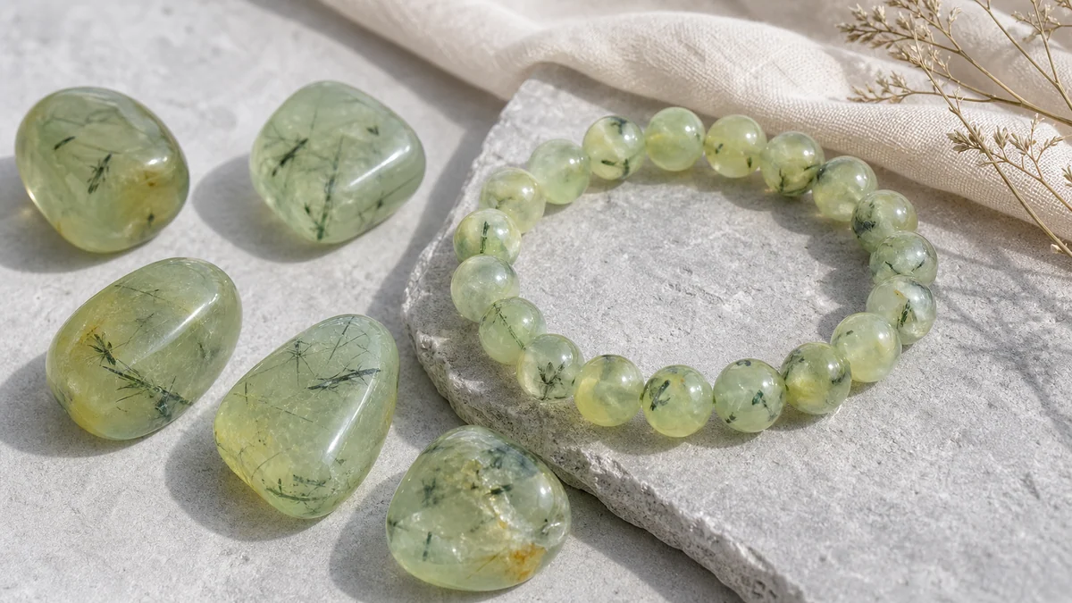 Pr&eacute;hnite naturelle vert tendre avec bracelet et pierres polies