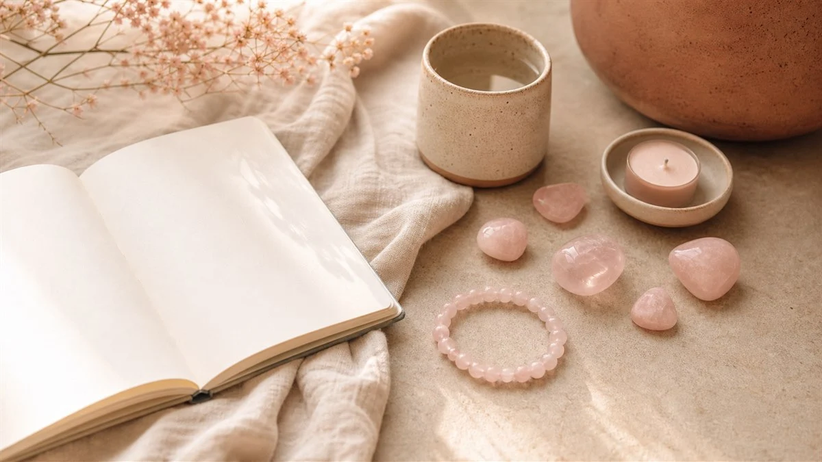 Quartz rose, carnet et bougie pour un rituel d'amour de soi