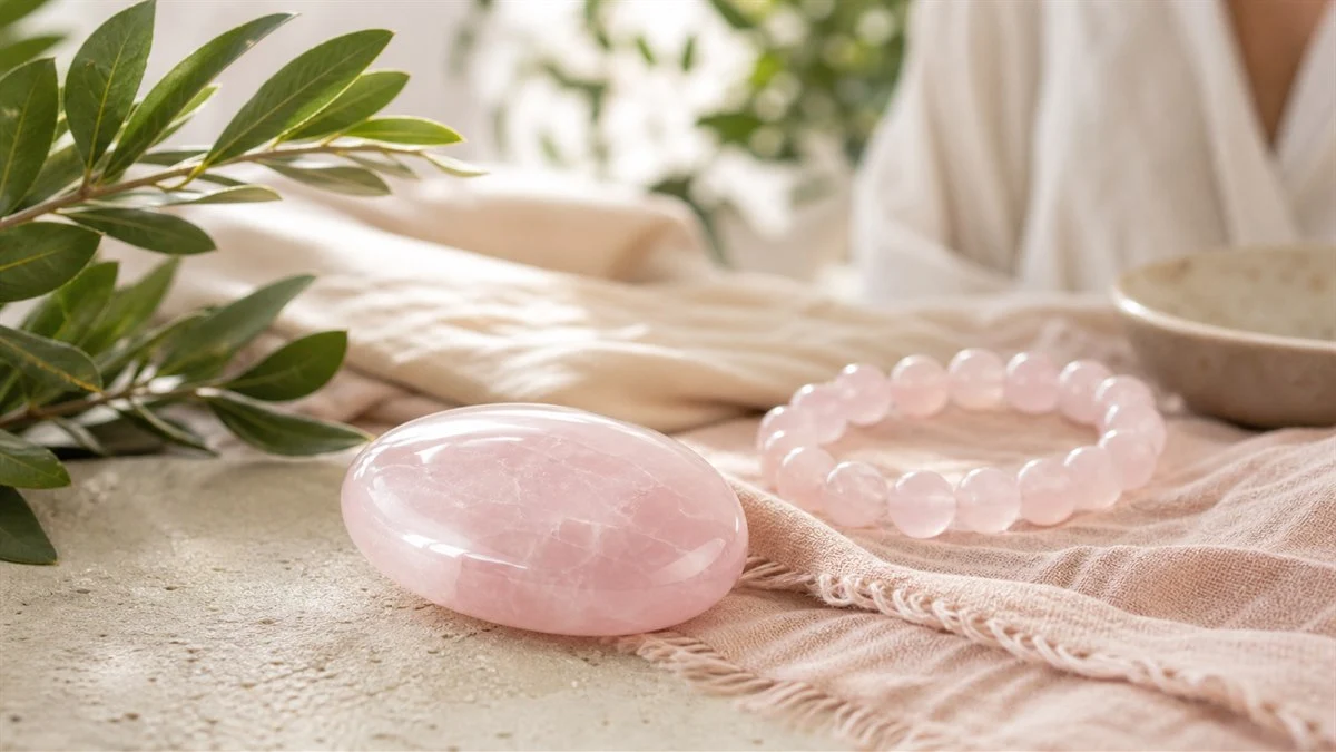 Quartz rose pos&eacute; pr&egrave;s du coeur dans une ambiance de m&eacute;ditation