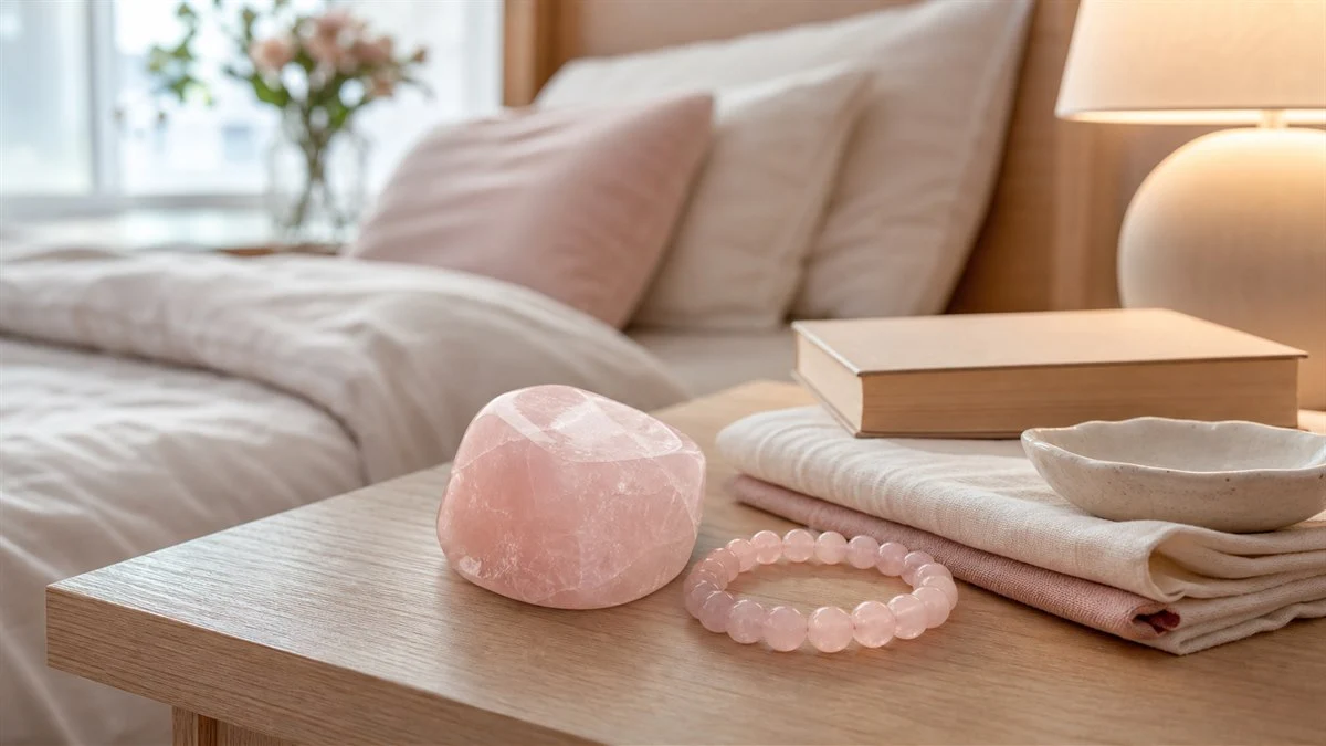 Quartz rose sur une table de nuit avec livre, lampe douce et linge clair