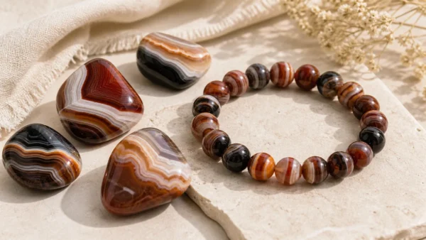 Sardonyx naturelle avec bracelet et pierres rubanées rouge brun et blanches