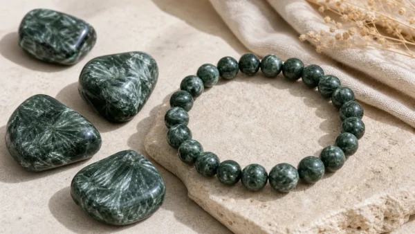 Séraphinite naturelle aux motifs plumeux avec bracelet en pierres
