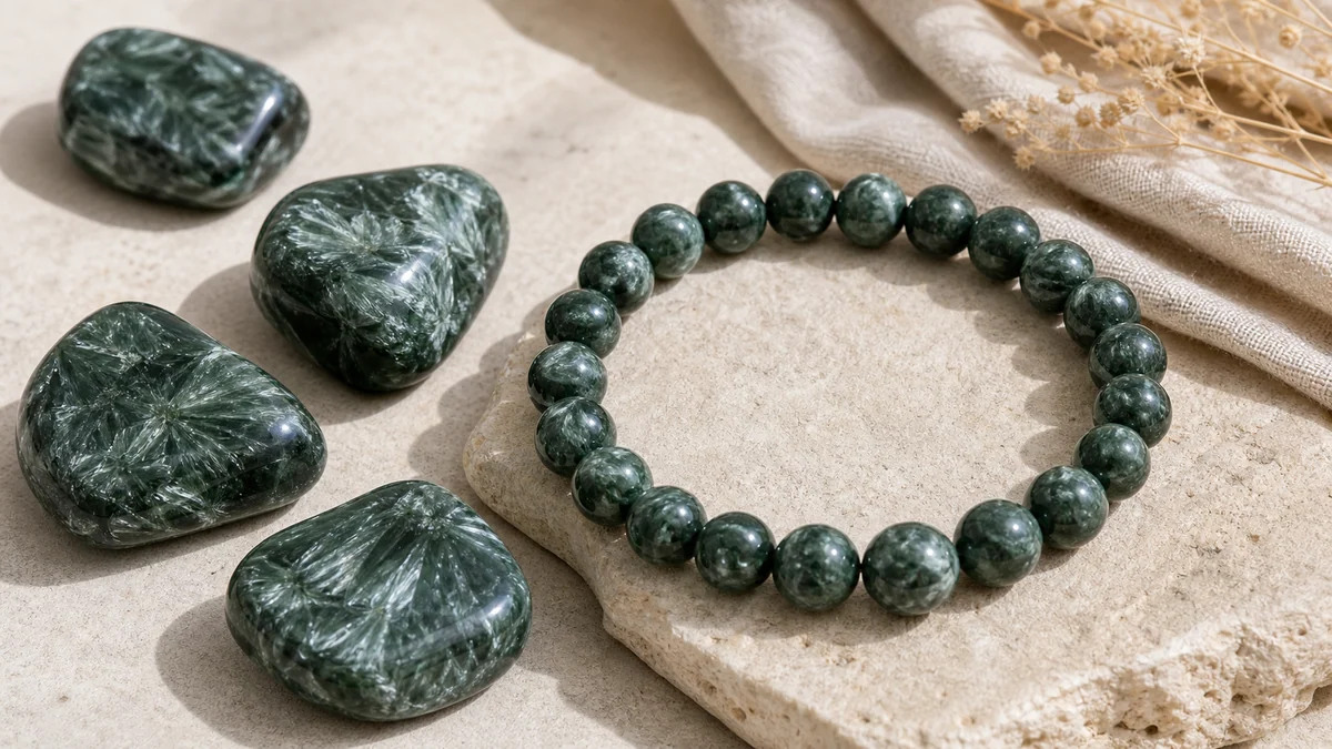 S&eacute;raphinite naturelle aux motifs plumeux avec bracelet en pierres