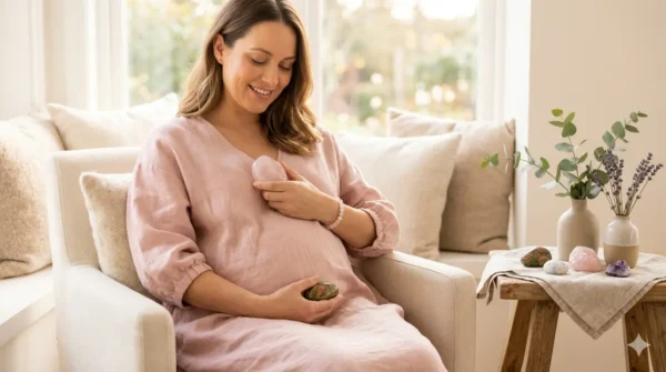 Une femme enceinte rayonnante et souriante, assise dans un fauteuil confortable en robe rose. Elle tient un galet de quartz rose sur sa poitrine et un galet d'unakite vert et rose au bas de son ventre arrondi. Sur une table d'appoint en bois à côté d'elle, d'autres cristaux de lithothérapie sont disposés sur un linge près de petits vases contenant de l'eucalyptus et de la lavande.