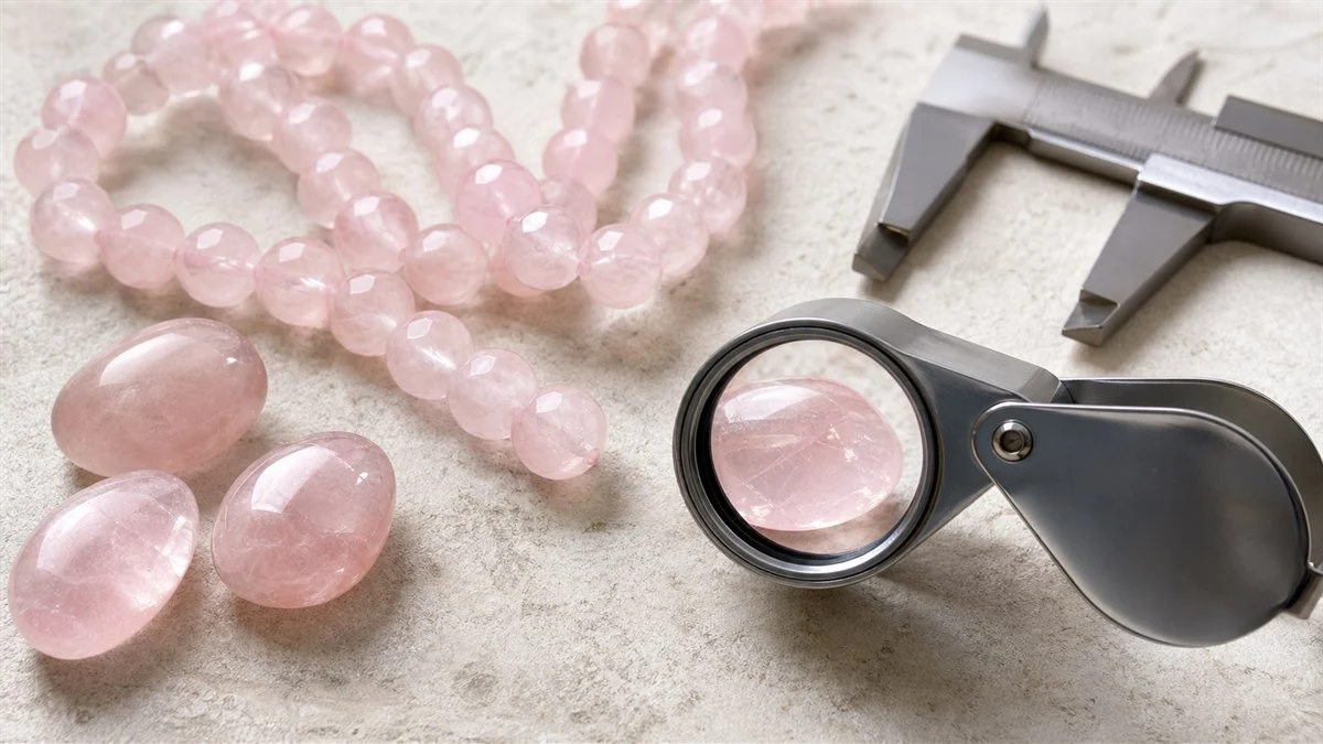 Quartz rose observé à la loupe pour examiner sa couleur et ses inclusions naturelles