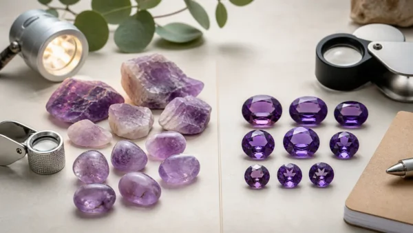 Comparer une vraie améthyste naturelle et une imitation violette
