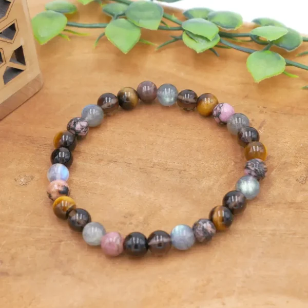 Bracelet en pierres naturelles de Labradorite, Oeil de tigre, Quartz fumé, Rhodonite