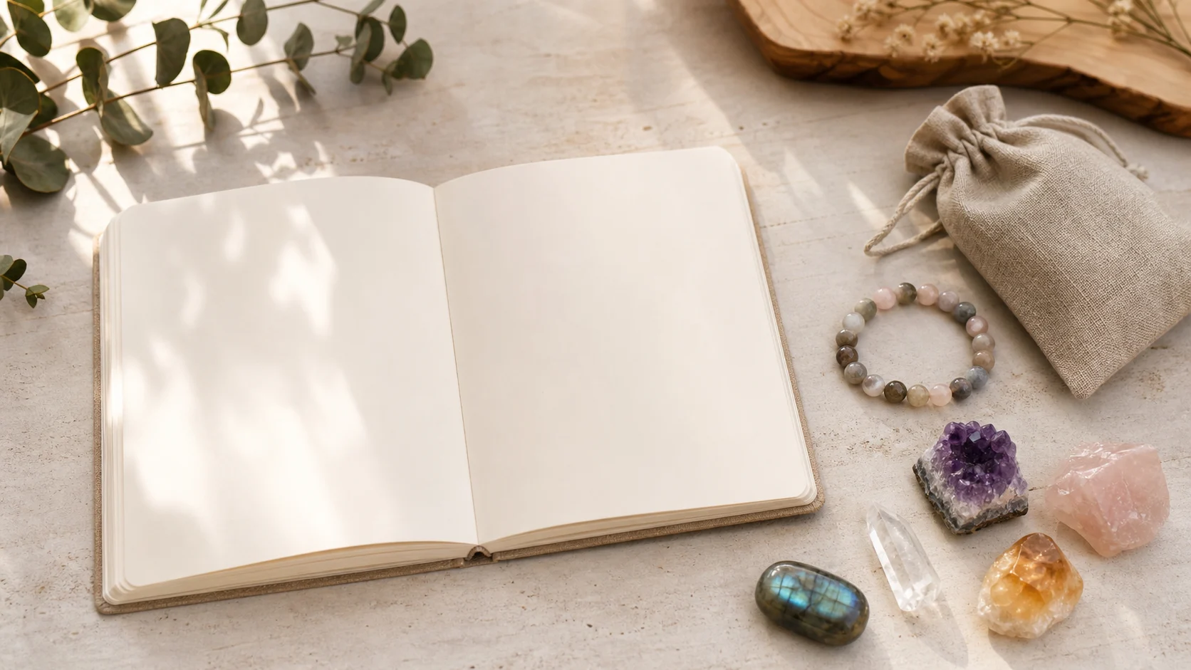 Guide de lithothérapie avec pierres naturelles, bracelet et carnet
