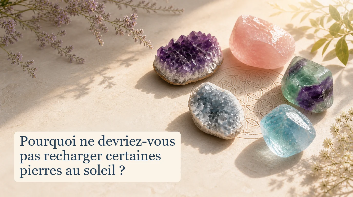 Am&eacute;thyste, Quartz rose, Fluorite, Aigue-marine et C&eacute;lestine &agrave; la lumi&egrave;re douce avec une Fleur de vie