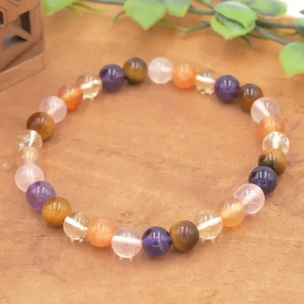 Bracelet en pierres naturelles de Améthyste, Citrine naturelle, Cornaline, Œil de tigre, Quartz rose, montées sur élastique multibrin résistant.
