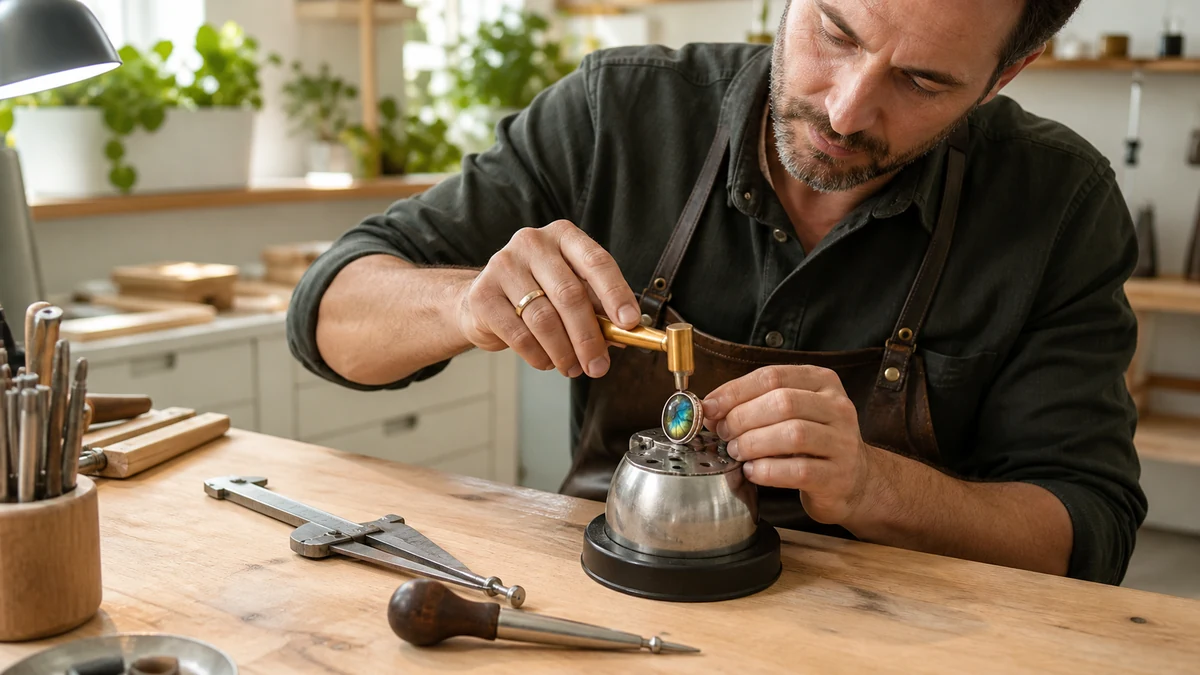 Artisan sertissant un cabochon de pierre naturelle dans une bague en argent