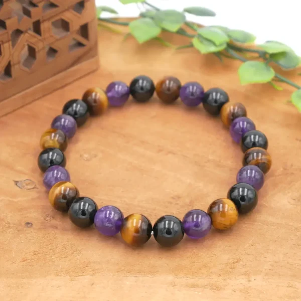 Bracelet en œil de tigre, améthyste et tourmaline naturelle