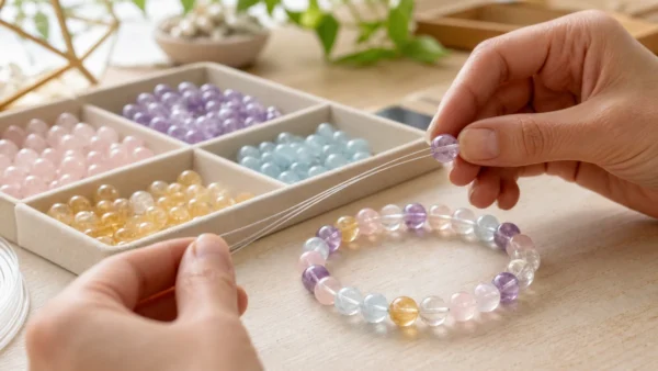 Montage d'un bracelet lumineux en perles calibrees sur fil transparent multibrin