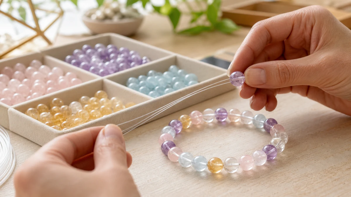 Montage d’un bracelet lumineux en perles de pierre naturelle calibrées sur fil transparent multibrin