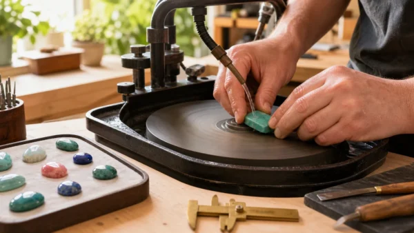 Artisan façonnant un cabochon coloré sur un disque diamanté humide