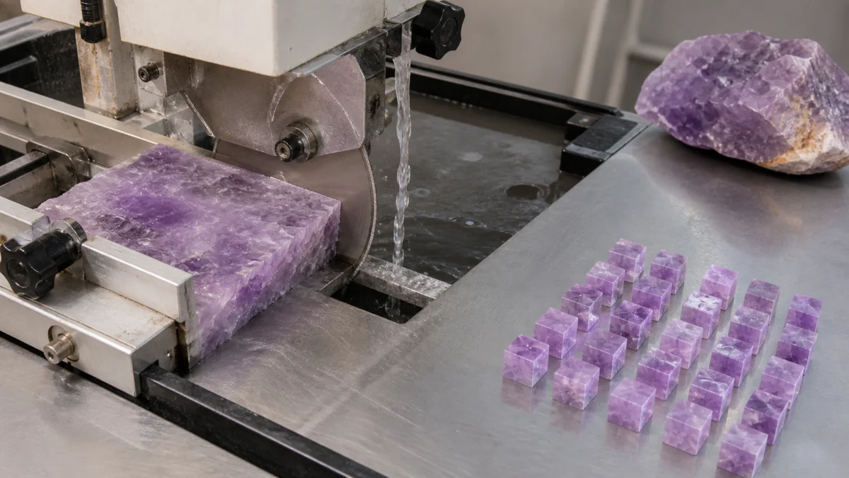 Découpe des pierres naturelles en cubes pour fabriquer des perles