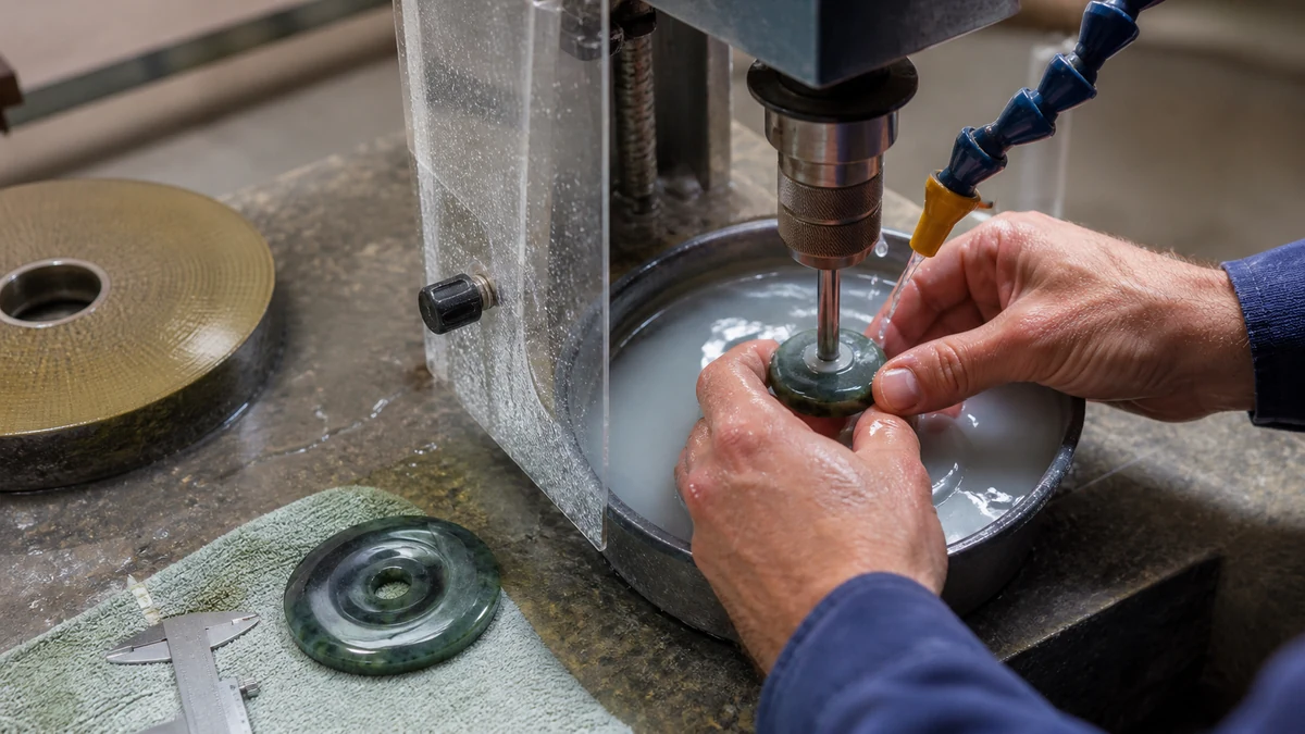 Perçage à l’eau d’un pendentif donut en pierre naturelle avec un foret diamanté