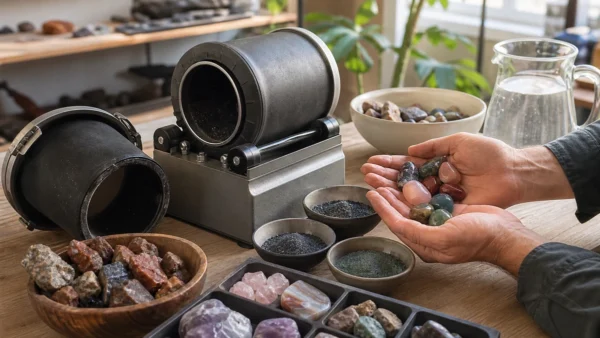 Tonneau rotatif, abrasifs et tri de pierres pour fabriquer des pierres roulées